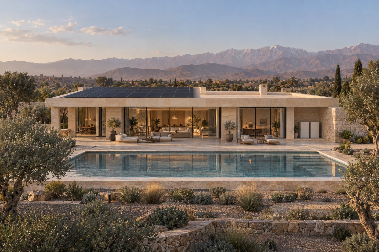 Illustration d’une villa contemporaine avec toiture solaire, piscine et batteries. Ce visuel ne représente pas une réalisation client.